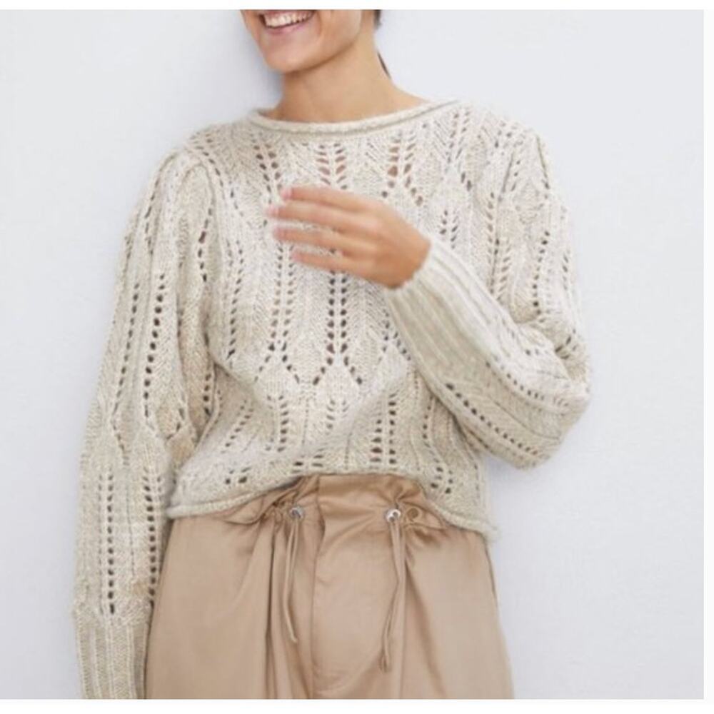 Zara Pointelle Cropped Sweater Wool blend Cream